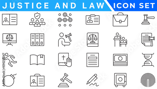 Law and justice line icons collection. Big UI icon set in a flat design. Thin outline icons pack.