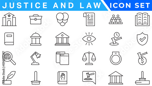 Law and justice line icons collection. Big UI icon set in a flat design. Thin outline icons pack.