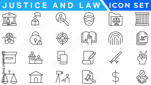 Law and justice line icons collection. Big UI icon set in a flat design. Thin outline icons pack.