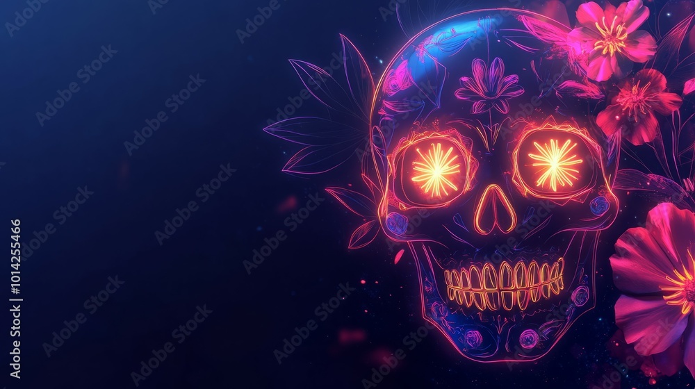 Neon Sugar Skull with Flowers Neon Sugar Skull with Flowers