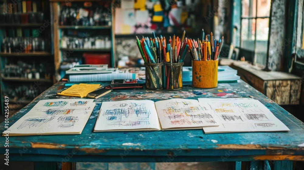 A vibrant desk brimming with ink-stained papers and an array of colorful pens captures the essence of artistic expression in motion. A vibrant desk brimming with ink-stained papers and an array of colorful pens captures the essence of artistic expression in motion.