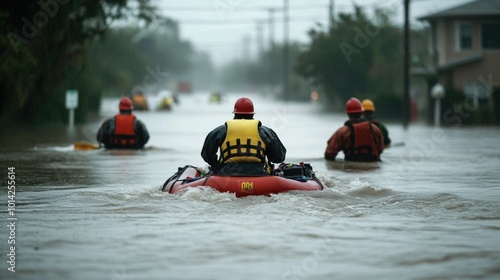 Emergency response teams providing disaster relief after a major hurricane, helping residents evacuate and delivering aid