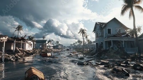 Environmental catastrophe: A hurricane-battered coastal town, with houses destroyed and emergency services providing aid photo