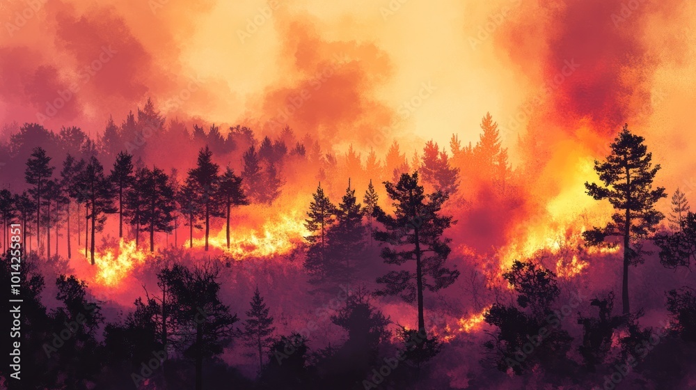 Forest fire raging through a national park, with firefighters battling flames and smoke clouding the sky Forest fire raging through a national park, with firefighters battling flames and smoke clouding the sky