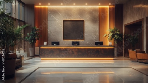 Wallpaper Mural Hotel lobby with a welcome reception concierge desk, guest arrivals hall and checking in. Modern interior offers luxury accommodation services, ideal for tourists and business travelers Torontodigital.ca