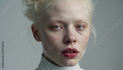 Woman with pale skin, side-parted bob, slim nose, wearing white high-collared shirt