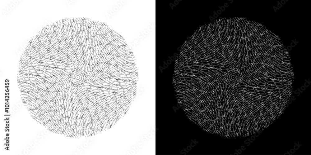 Abstract background with abstract line pattern in circles. Spiral art design as a logo or icon. A black figure on a white background and the same white figure on a black side. Mandala design with line Abstract background with abstract line pattern in circles. Spiral art design as a logo or icon. A black figure on a white background and the same white figure on a black side. Mandala design with line