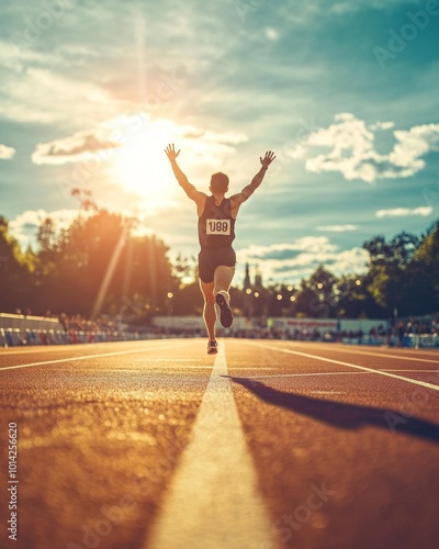 A runner crossing the finish line during a track race, hands raised in victory, bright sunlight