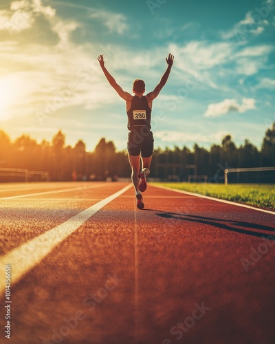 A runner crossing the finish line during a track race, hands raised in victory, bright sunlight