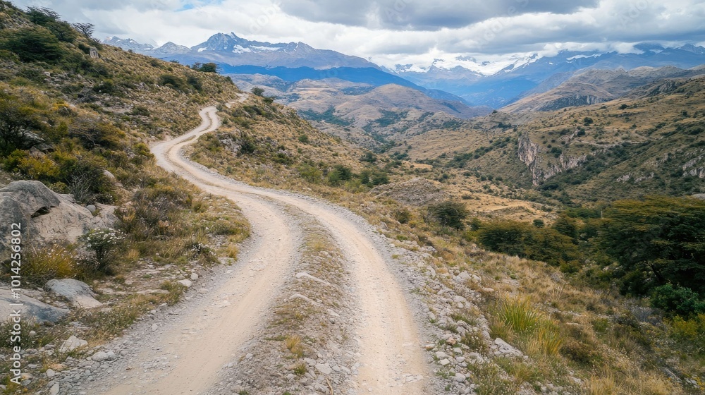 Fototapeta premium A winding dirt road leads through a valley with snow-capped mountains in the background.