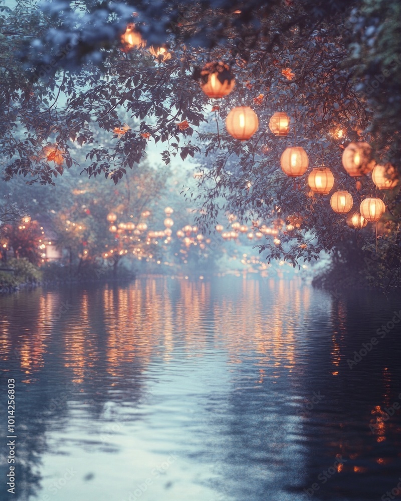 Fototapeta premium A serene riverbank decorated with Pompgli Festival lanterns, soft twilight light, and reflections in the wate