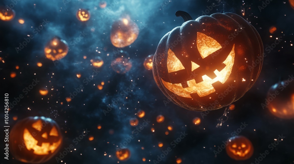 Fototapeta premium Jack-o'-lanterns float in a dark, magical sky.