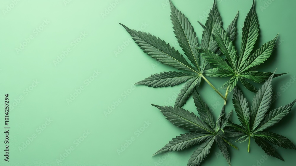 Leaf of cannabis on light green background, copy space concept banner with flat lay Leaf of cannabis on light green background, copy space concept banner with flat lay