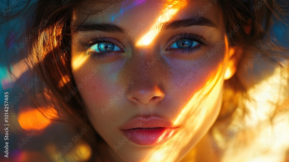 A woman with a serious expression is captured close-up, surrounded by vibrant and abstract light effects, portraying an evocative and intense mood, highlighting her features. A woman with a serious expression is captured close-up, surrounded by vibrant and abstract light effects, portraying an evocative and intense mood, highlighting her features.