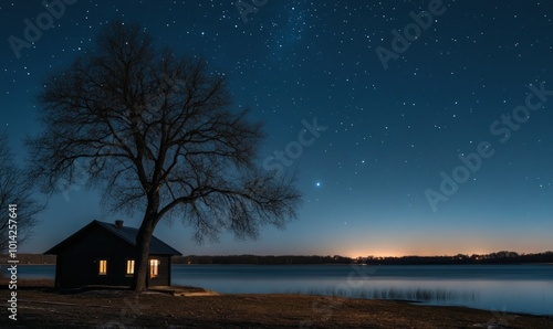 A small cabin sits by a lake under a starry night sky.