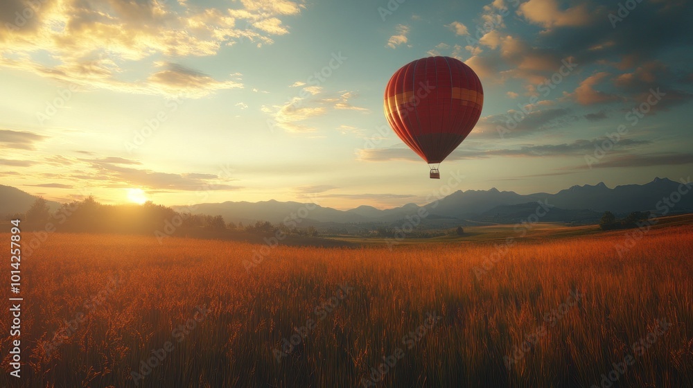 Obraz premium Hot Air Balloon Over Field at Sunset