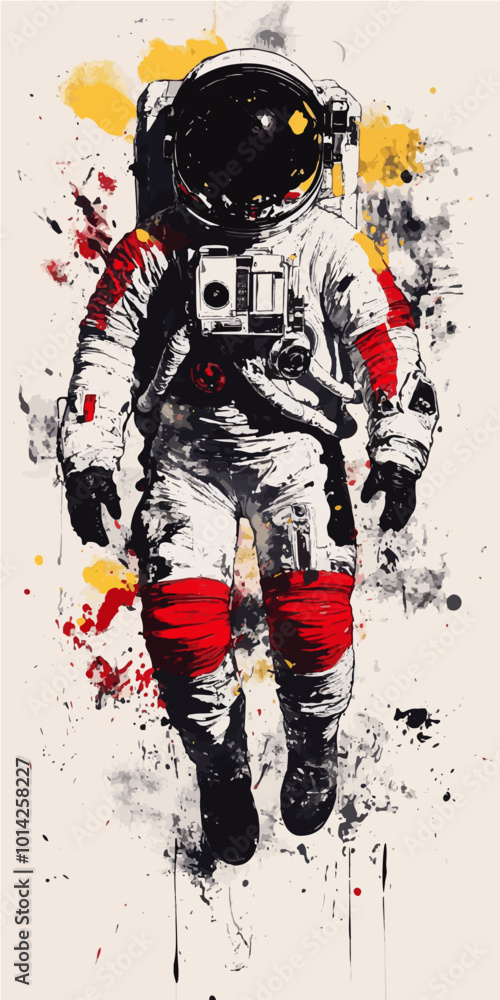 Stylized astronaut in space with expressive paint strokes in red and yellow. Cosmic travel meets abstract art in this unique depiction. Stylized astronaut in space with expressive paint strokes in red and yellow. Cosmic travel meets abstract art in this unique depiction.