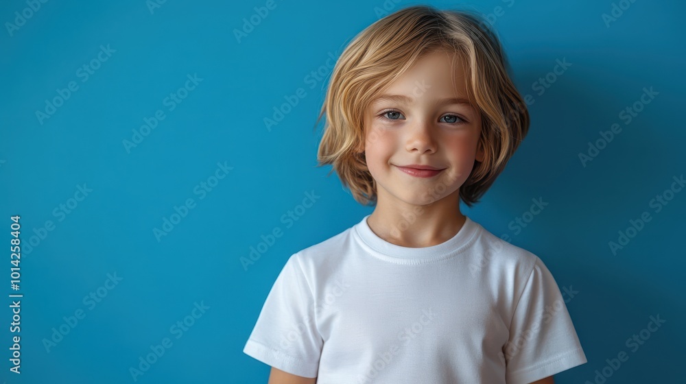 Male child, boy wearing bella canvas white shirt mockup, at blue background. Design tshirt template, print presentation mock-up. AI generated. Male child, boy wearing bella canvas white shirt mockup, at blue background. Design tshirt template, print presentation mock-up. AI generated.