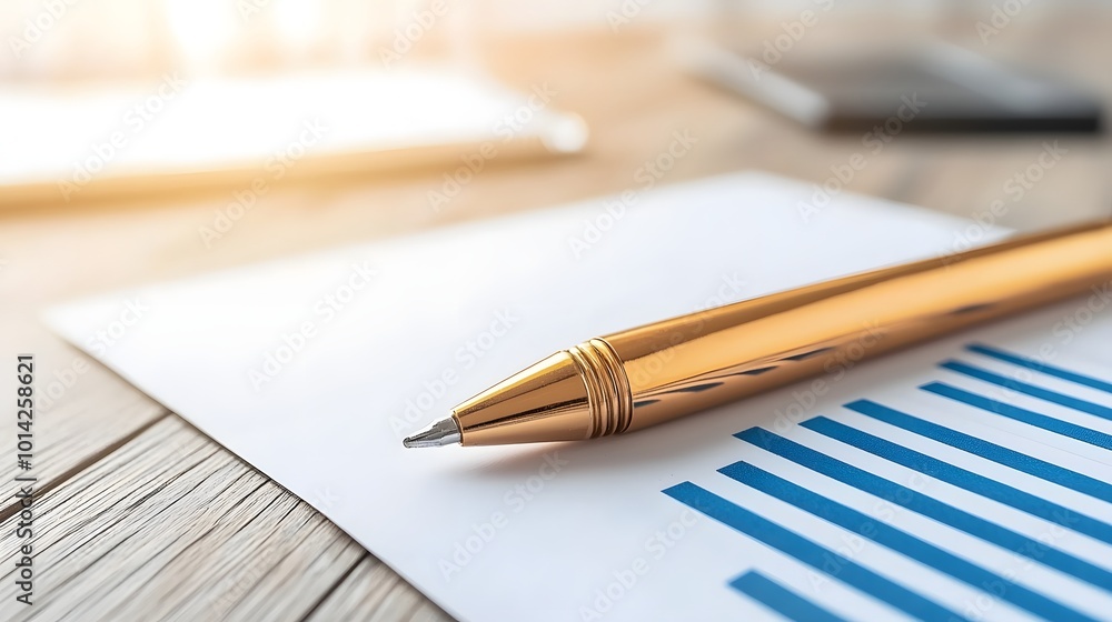 A golden pen rests on a paper with blue bar graphs, symbolizing business analysis, planning, and financial assessments. A golden pen rests on a paper with blue bar graphs, symbolizing business analysis, planning, and financial assessments.