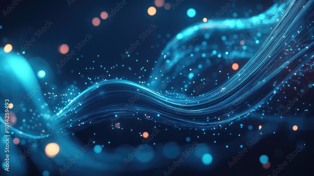 Abstract blue wave with glowing particles on a dark blue background.