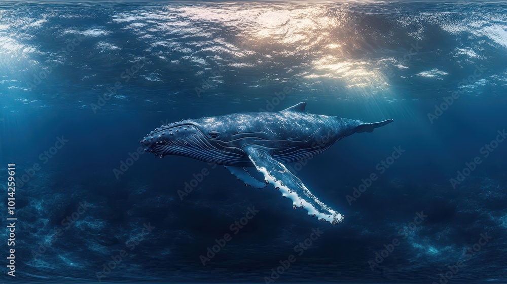 Fototapeta premium An immersive 360-degree equirectangular panorama of a majestic humpback whale, gliding gracefully through the ocean depths and surrounded