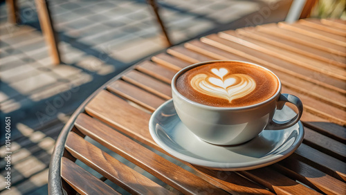 A cup of aromatic coffee with a heart pattern on the surface, on a table near a cafe. photo