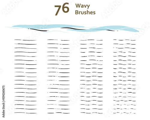 Set of 76 wavy pattern brushes for illustration, shading, engraved, water/wind effect, lino cut. Compatible with Adobe Illustrator CS6 and above.