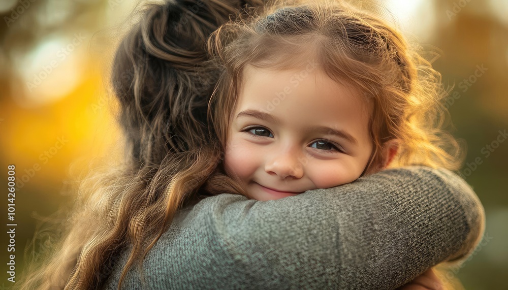 A joyful child embraces a loved one, capturing the warmth of love and connection in a serene outdoor setting.