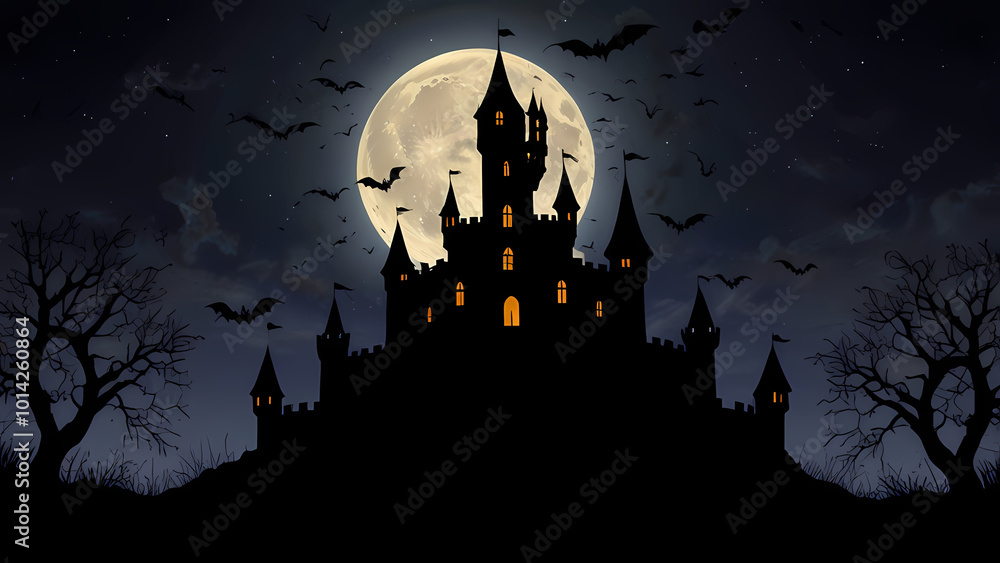 Fototapeta premium a silhouette of a haunted castle set against a large, glowing full moon in a dark night sky for Halloween Background