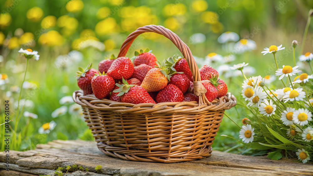A wicker basket full of fresh strawberries in a field of daisies.
A wicker basket full of fresh strawberries in a field of daisies.