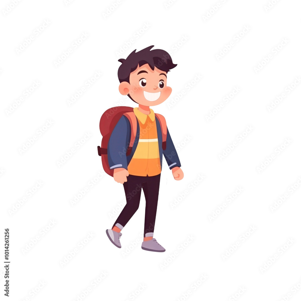 A smiling boy in a backpack stands outdoors. Suitable for educational, travel, school related concepts, and outdoor activities. Generative AI A smiling boy in a backpack stands outdoors. Suitable for educational, travel, school related concepts, and outdoor activities. Generative AI