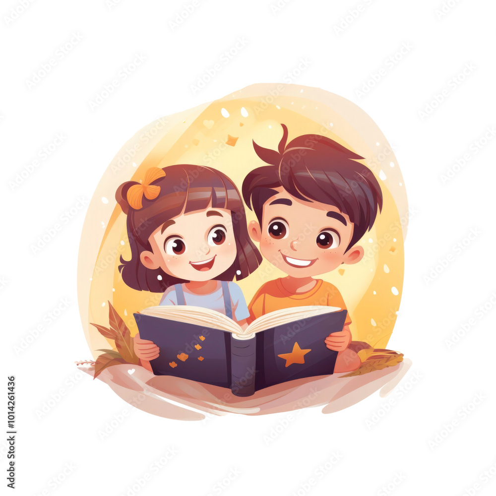 Two children love books, looking happy, and reading together. Ideal for educational materials, school related content, and family oriented designs. Generative AI Two children love books, looking happy, and reading together. Ideal for educational materials, school related content, and family oriented designs. Generative AI