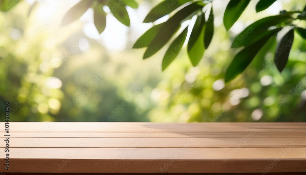 Wooden table with blurred green background Wooden table with blurred green background