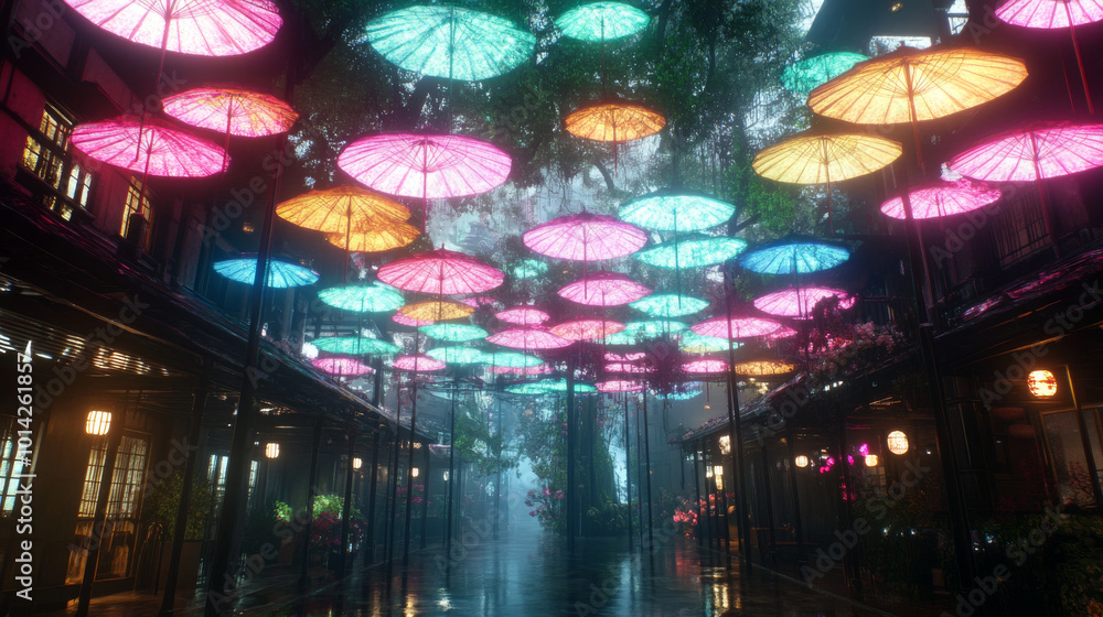 A narrow alleyway lined with shops and restaurants, covered in colorful umbrellas and lit by warm, glowing lanterns. A narrow alleyway lined with shops and restaurants, covered in colorful umbrellas and lit by warm, glowing lanterns.