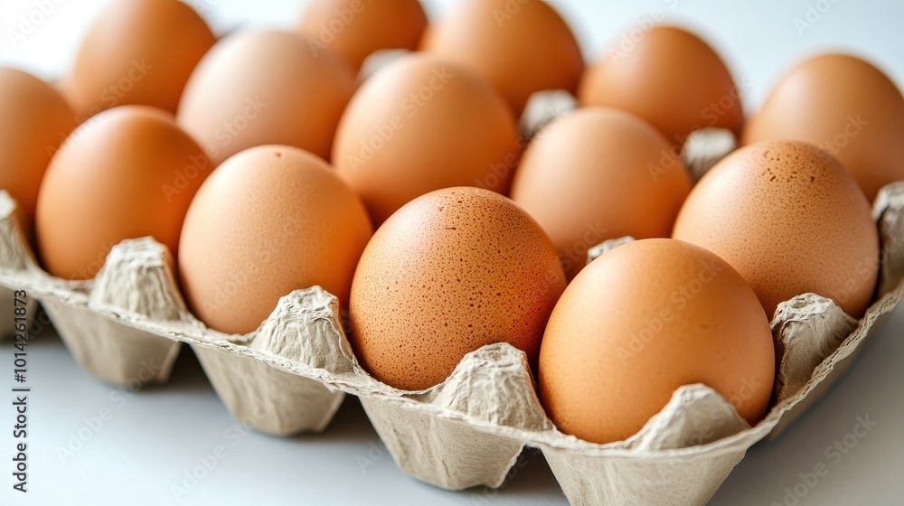 Fresh brown eggs in a cardboard carton on white background Fresh brown eggs in a cardboard carton on white background