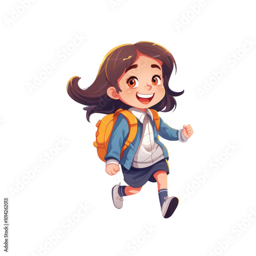 A smiling girl in school uniform with a backpack runs happily. Suitable for school related designs, education materials, and back to school promotions. Generative AI