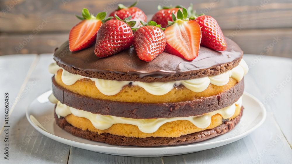 Fresh strawberries are a perfect complement to a beautiful homemade cake on a plate.
Fresh strawberries are a perfect complement to a beautiful homemade cake on a plate.