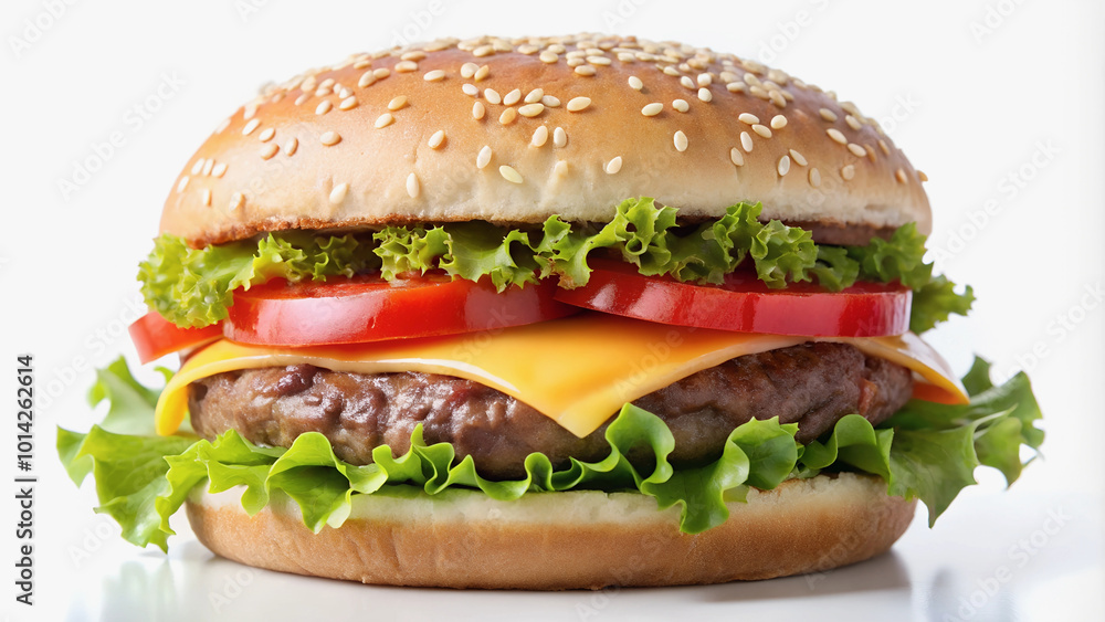 Juicy hamburger with crispy bun, bright vegetables and melted cheese, on white background. Juicy hamburger with crispy bun, bright vegetables and melted cheese, on white background.