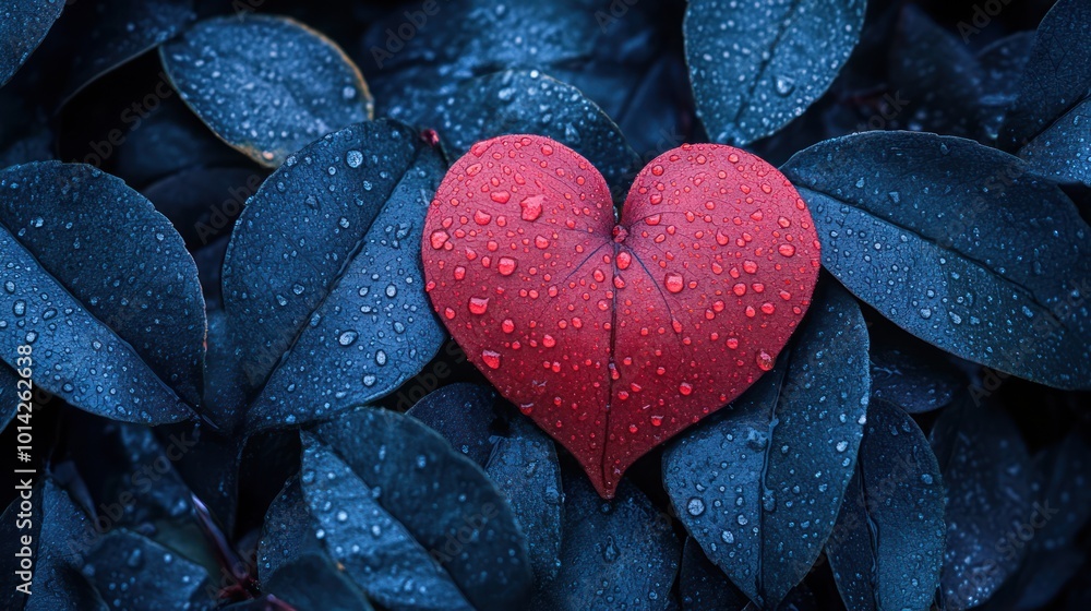 Obraz premium Heart Shaped Leaf With Dew Drops
