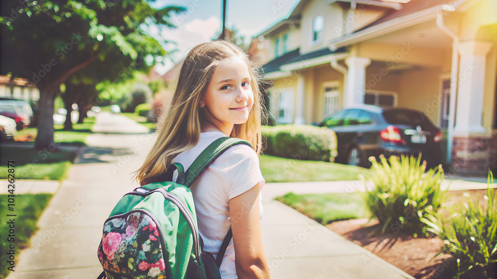 Street scene, girl with backpack going to school Street scene, girl with backpack going to school