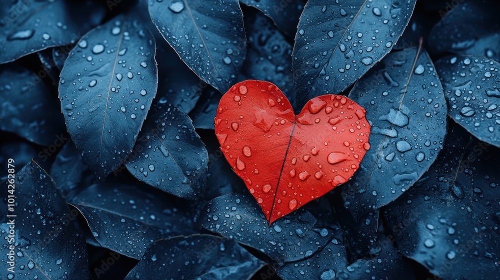 Obraz premium Red Heart on Blue Leaves