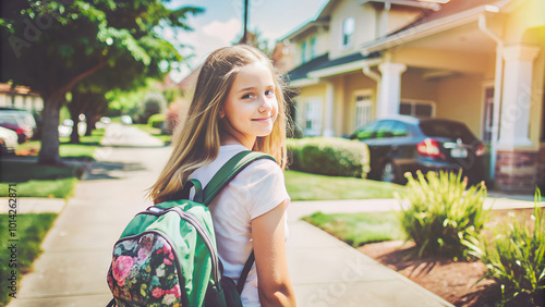 Street scene, girl with backpack going to school