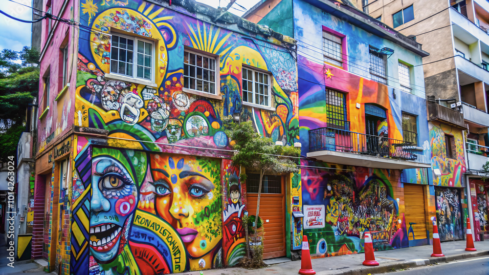 Vivid street art, the house is completely covered in graffiti, attracts attention. Vivid street art, the house is completely covered in graffiti, attracts attention.