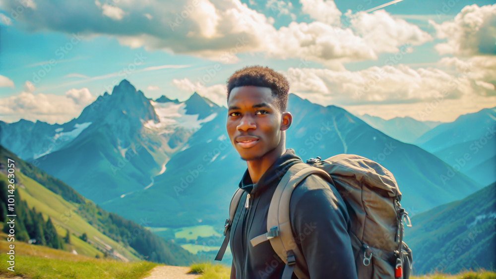 Young African American man with a backpack against the backdrop of majestic mountains and clouds.
Young African American man with a backpack against the backdrop of majestic mountains and clouds.
