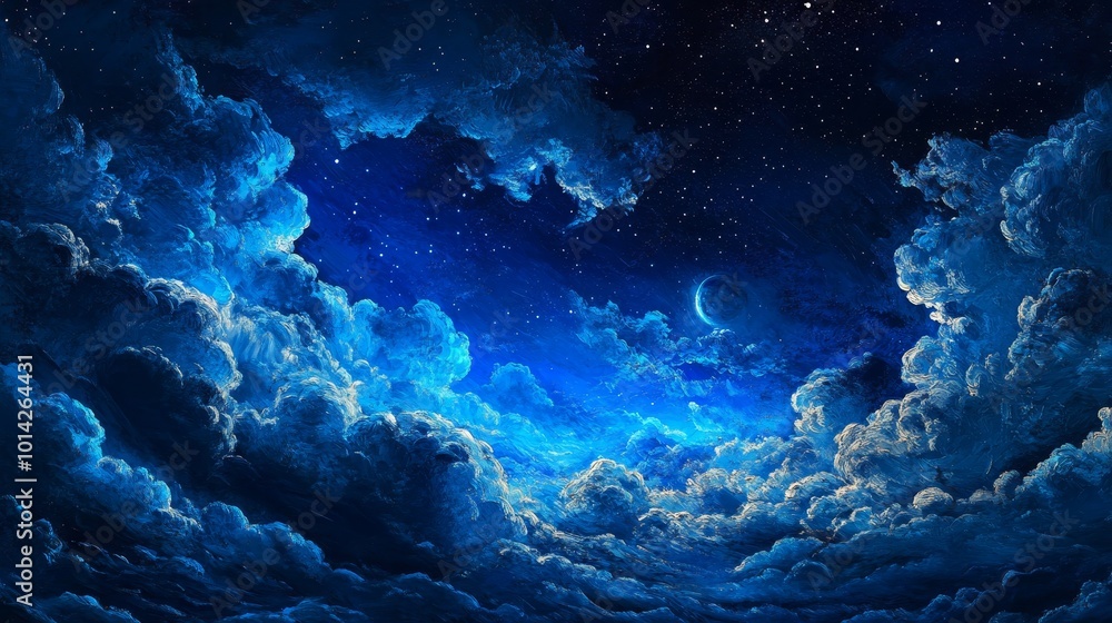 An abstract digital art background featuring deep blue and dark black colors, with swirling clouds of stars that form the shape of cloud-like structures in space. The sky is filled with twinkling An abstract digital art background featuring deep blue and dark black colors, with swirling clouds of stars that form the shape of cloud-like structures in space. The sky is filled with twinkling