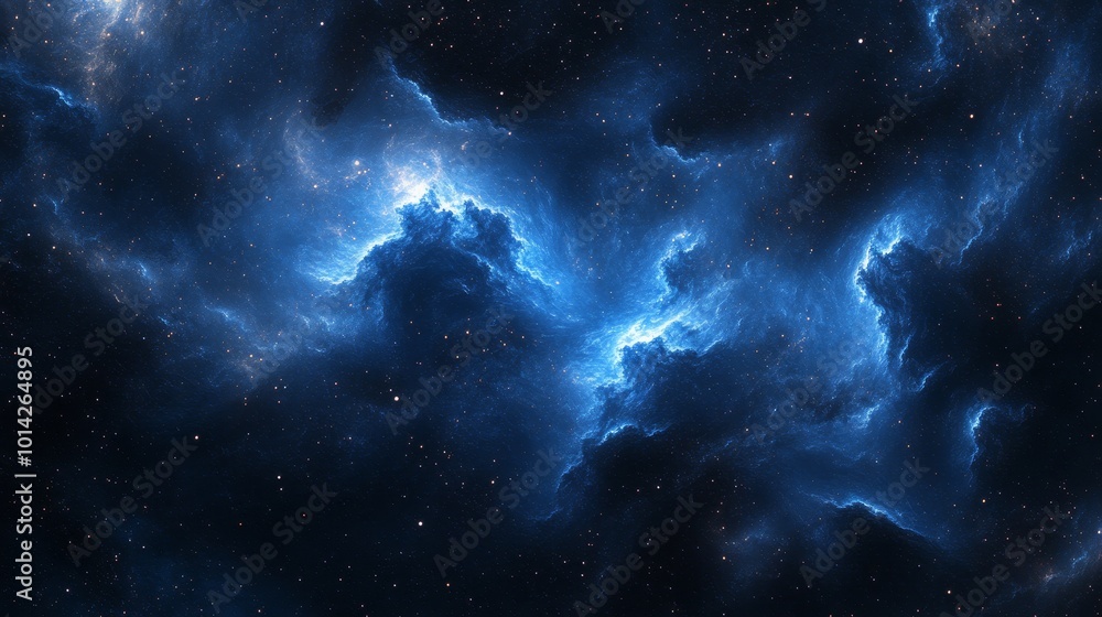 Obraz premium An abstract digital art background featuring deep blue and dark black colors, with swirling clouds of stars that form the shape of cloud-like structures in space. The sky is filled with twinkling 