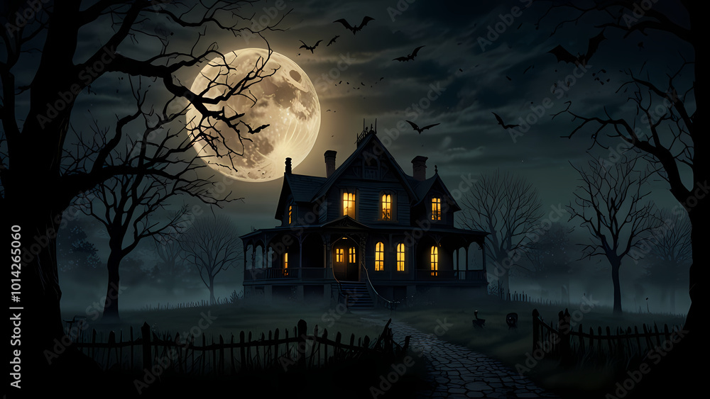a silhouette of a haunted castle set against a large, glowing full moon in a dark night sky for Halloween Background a silhouette of a haunted castle set against a large, glowing full moon in a dark night sky for Halloween Background