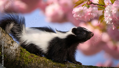 spring park with blooming cherry blossoms and a skunk