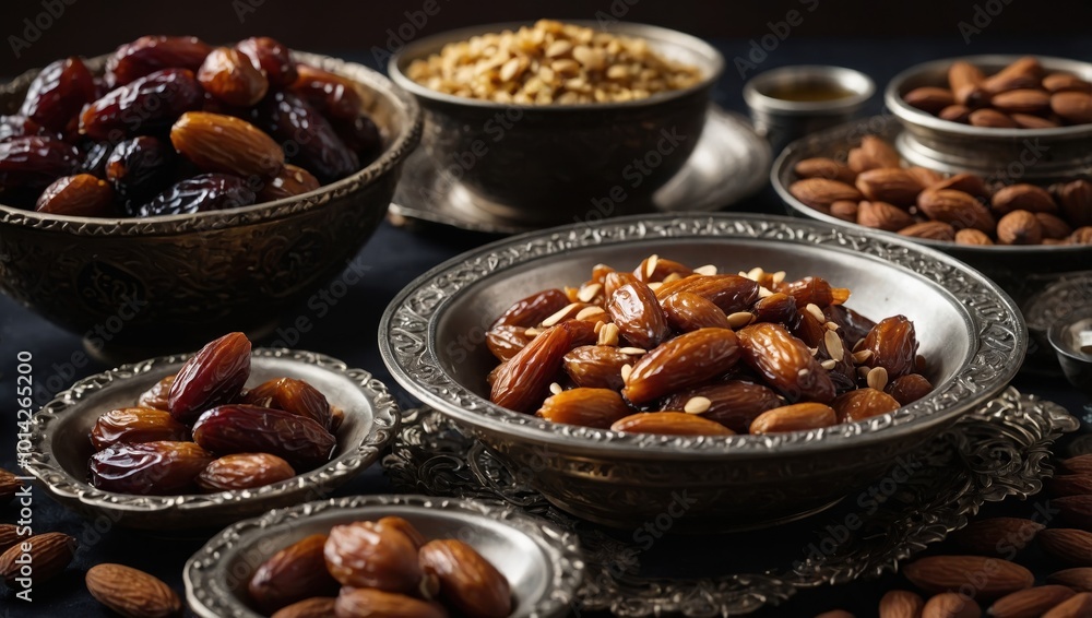 Middle Eastern nuts and dried fruits in metal bowls, set against a dark background Middle Eastern nuts and dried fruits in metal bowls, set against a dark background