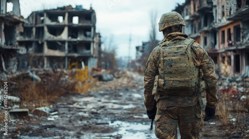 Lone soldier walking in destroyed city